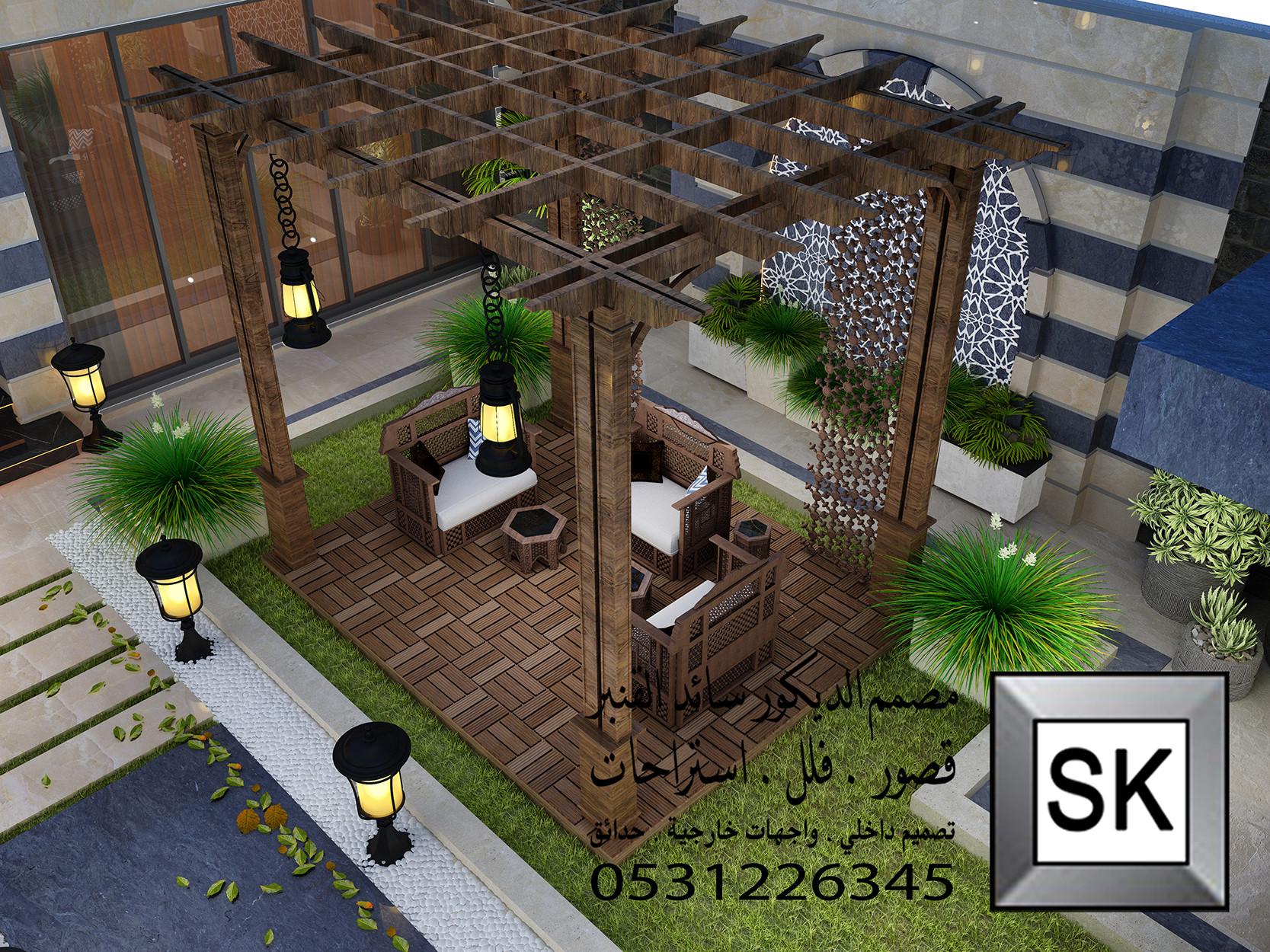 تصميم و تنفيذ لاندسكيب إستراحة على النمط الدمشقي في الرياض