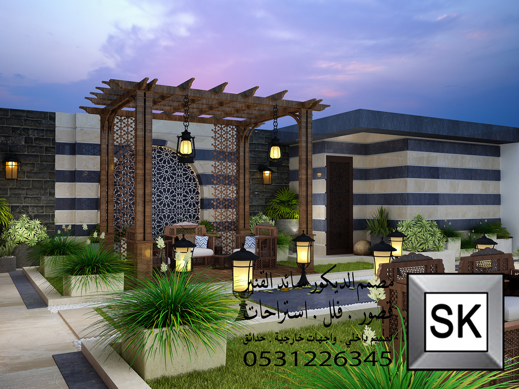 تصميم و تنفيذ لاندسكيب إستراحة على النمط الدمشقي في الرياض