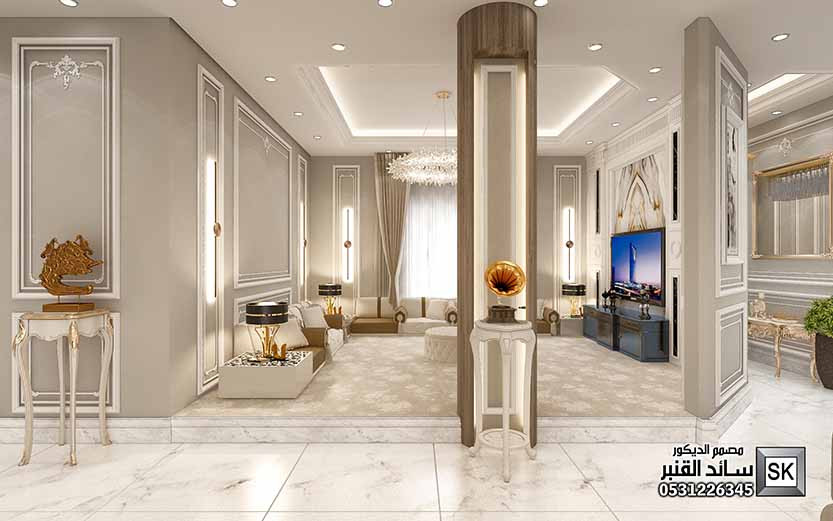 تصميم و تشطيب صالة عائلية على طراز نيوكلاسيك في الرياض