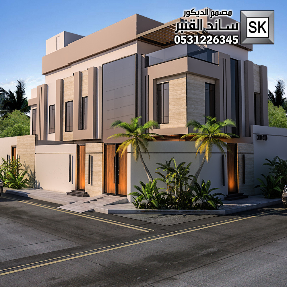 تصميم و تشطيب واجهات فلل 2026 رشة عنوان القهوة و حجر الرياض و رخام ترفنتينو في الرياض