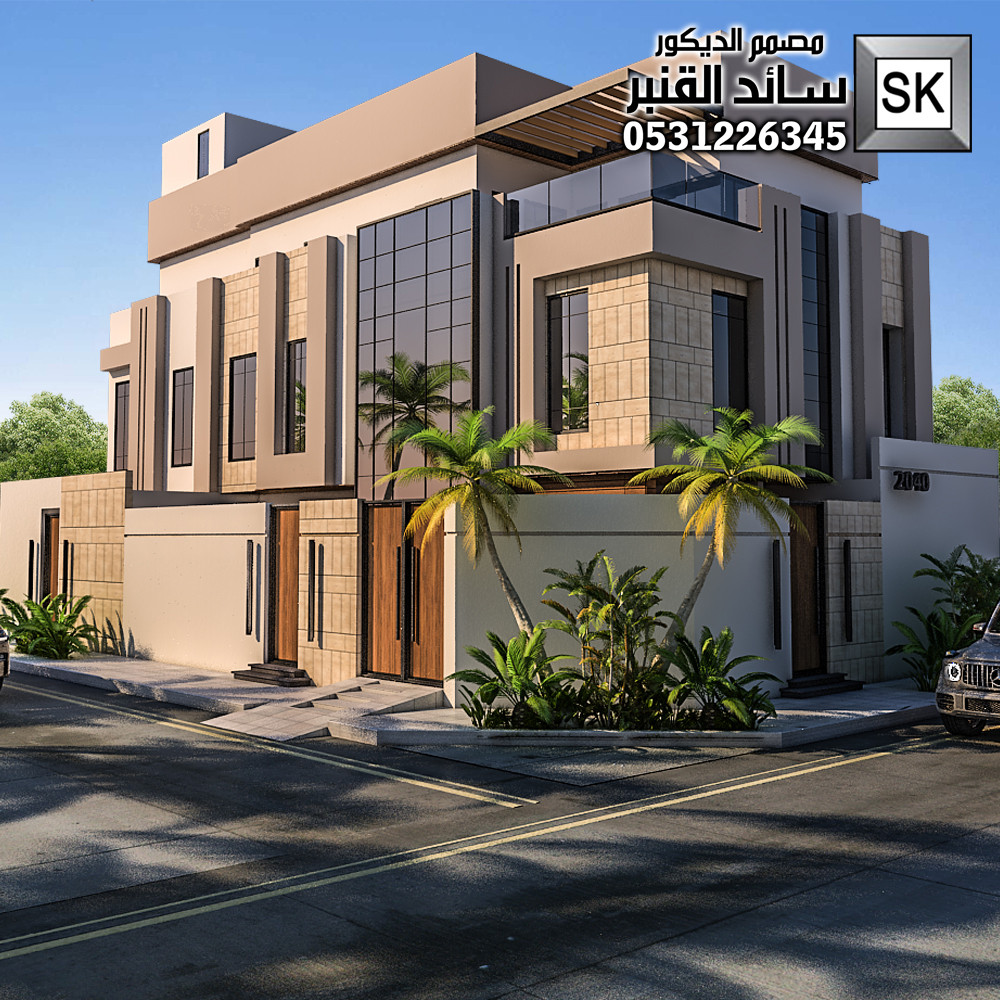 تصميم و تشطيب واجهات فلل 2026 رشة عنوان القهوة و حجر الرياض و رخام ترفنتينو في الرياض