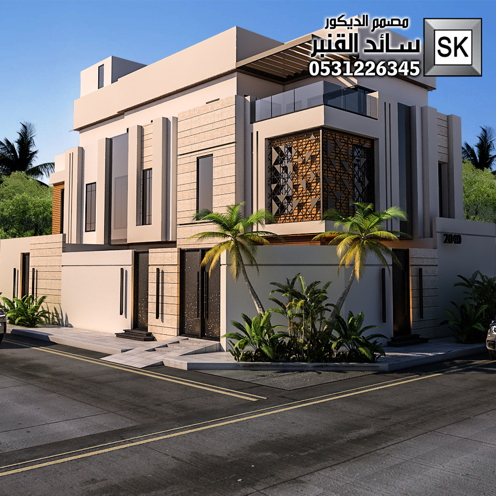 تصميم و تشطيب واجهات فلل 2026 رشة عنوان القهوة و حجر الرياض و رخام ترفنتينو في الرياض