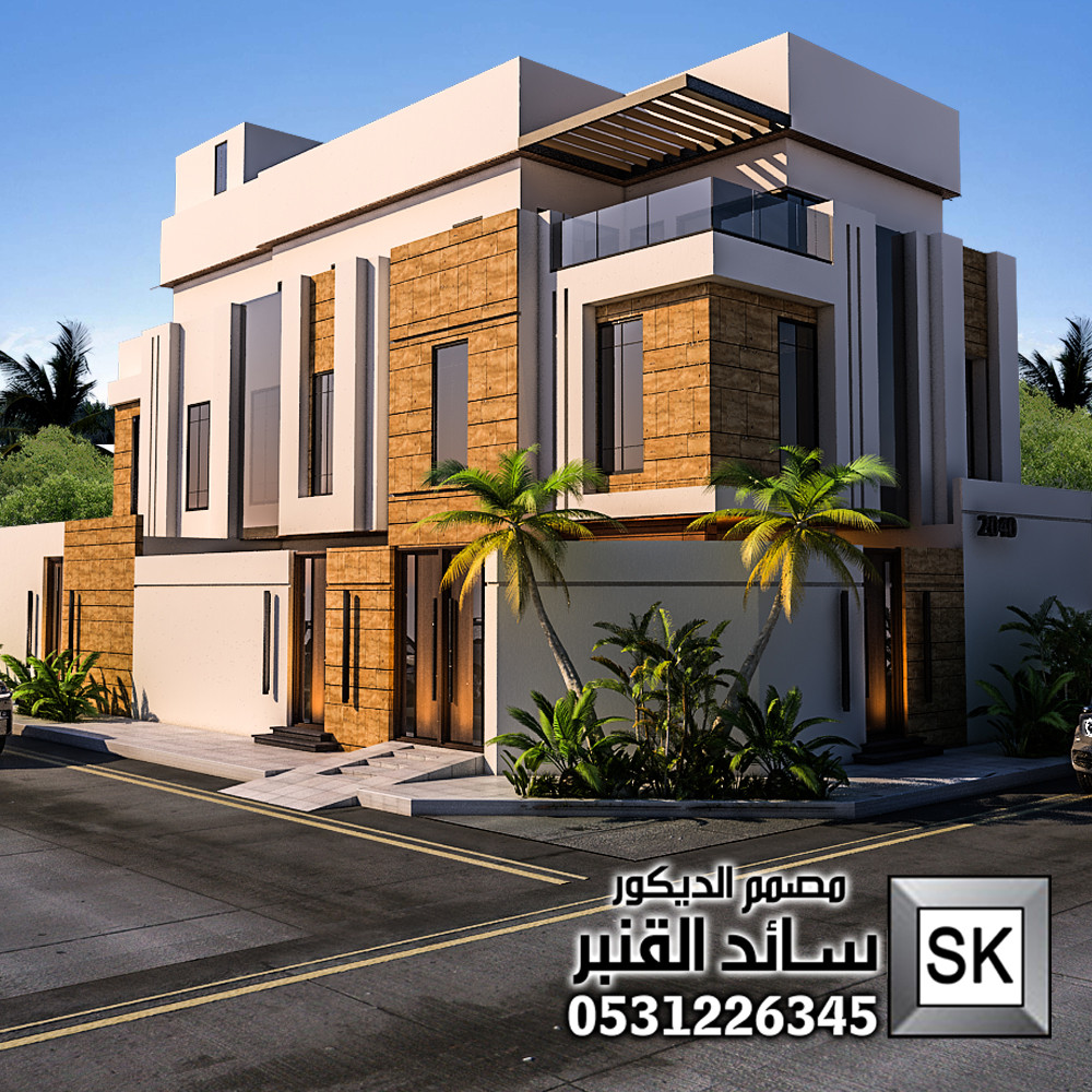 تصميم و تشطيب واجهات فلل 2026 رشة عنوان القهوة و حجر الرياض و رخام ترفنتينو في الرياض