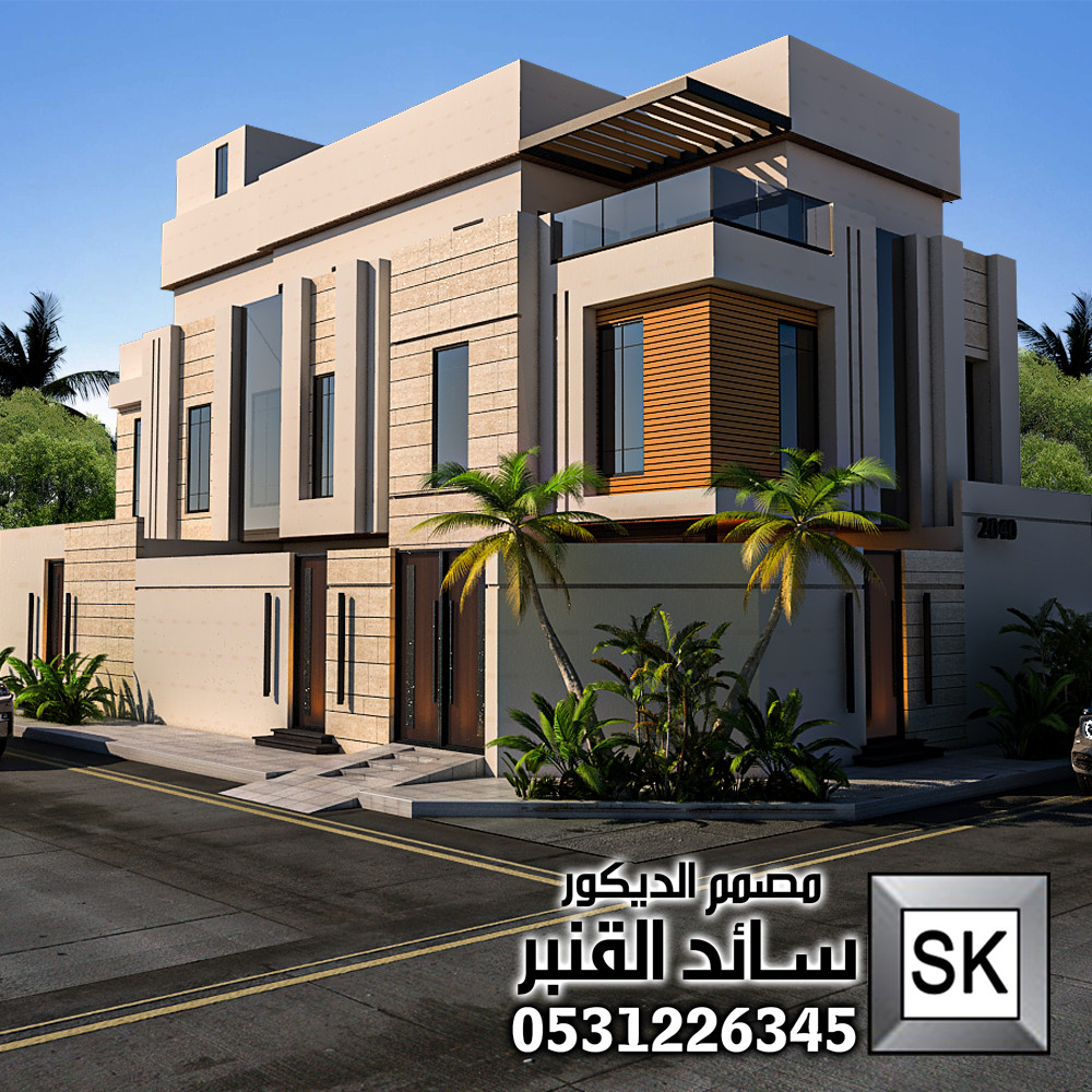 تصميم و تشطيب واجهات فلل 2026 رشة عنوان القهوة و حجر الرياض و رخام ترفنتينو في الرياض