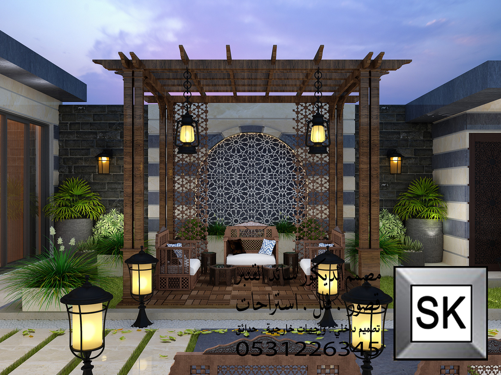 لاندسكيب إستراحة على الطراز الدمشقي في الرياض من أعمال مصمم الاندسكيب سائد القنبر