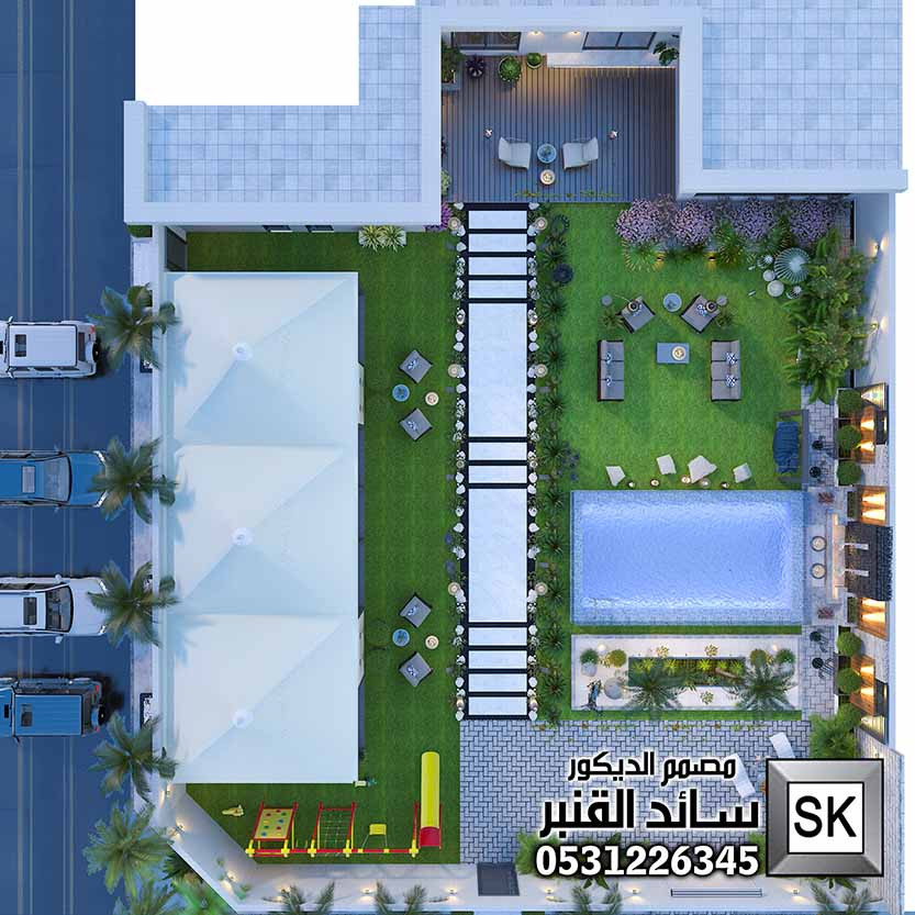تصميم و تشطيب لاندسكيب شاليهات في العمارية بالرياض 0531226345