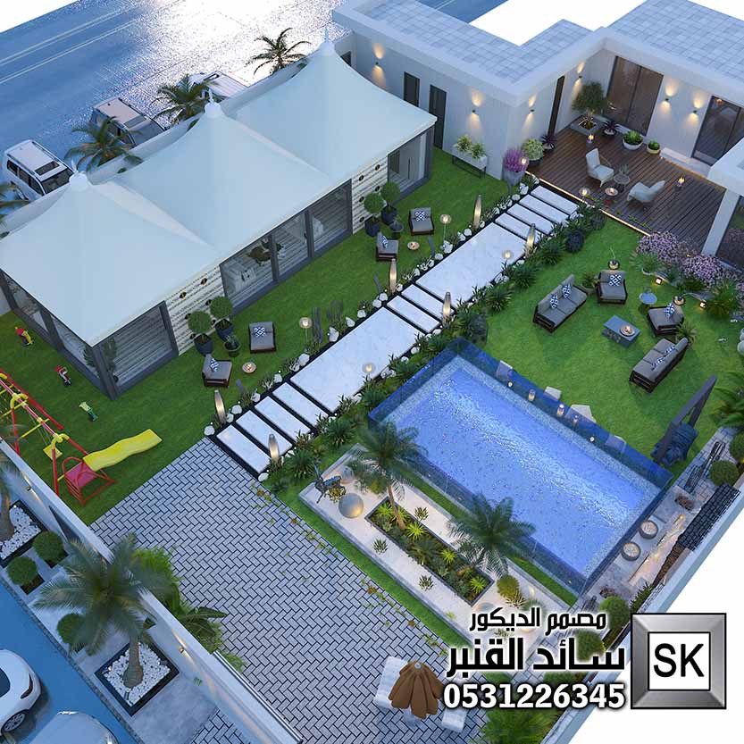 تصميم و تشطيب لاندسكيب شاليهات في العمارية بالرياض 0531226345