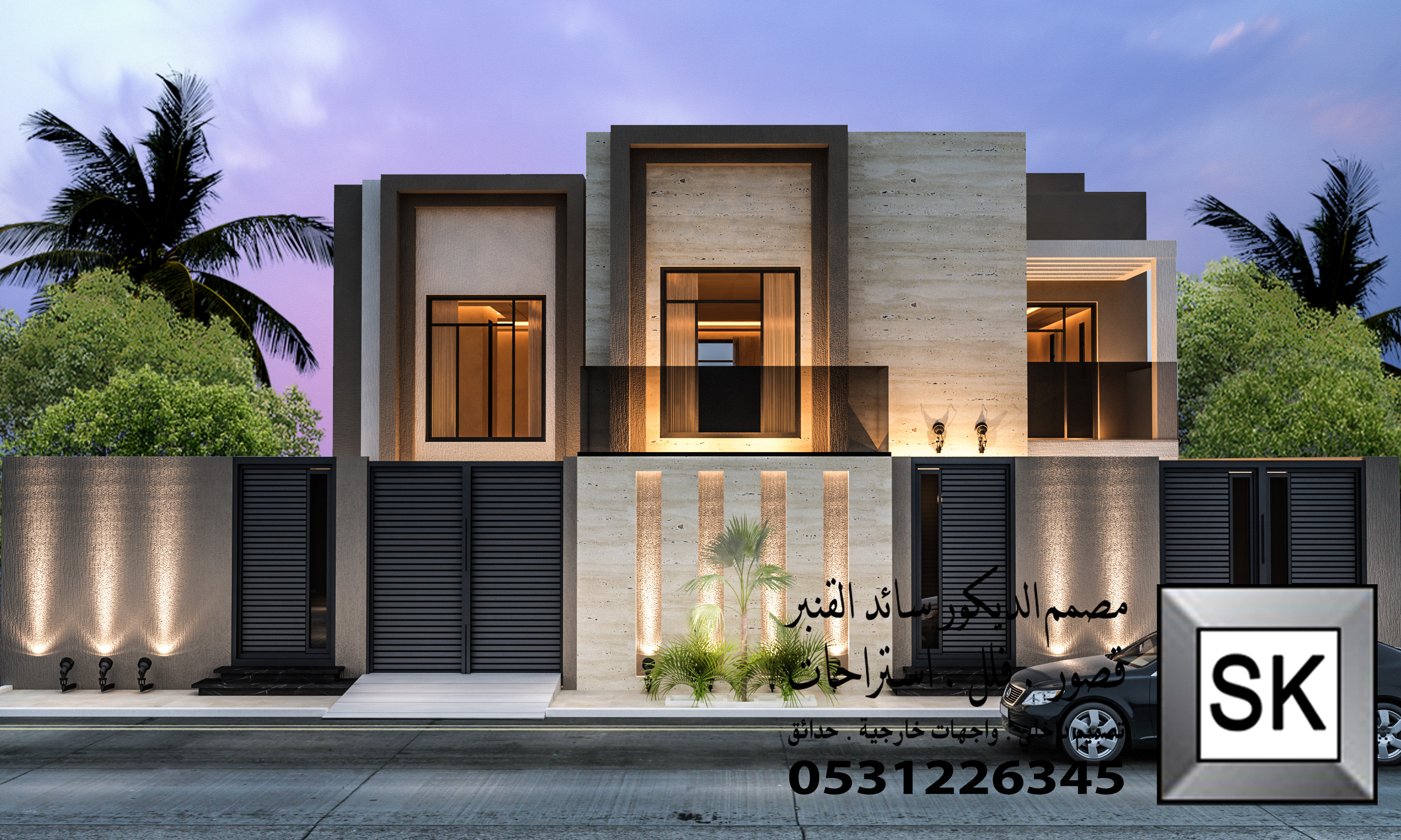 تصميم و تشطيب واجهة فيلا خارجية بروفايل و رخام ترفنتينو في الرياض