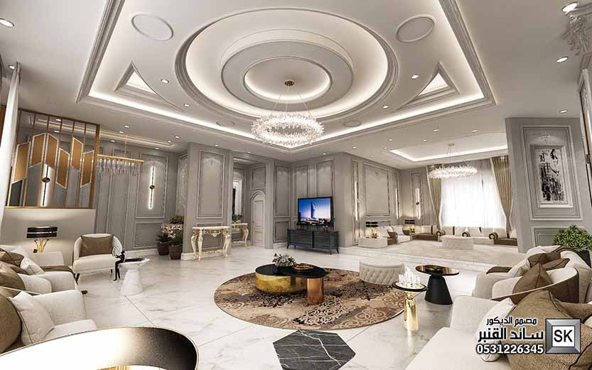 تصميم و تشطيب صالة عائلية على طراز نيوكلاسيك في الرياض
