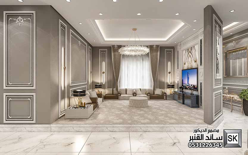 تصميم و تشطيب صالة عائلية على طراز نيوكلاسيك في الرياض
