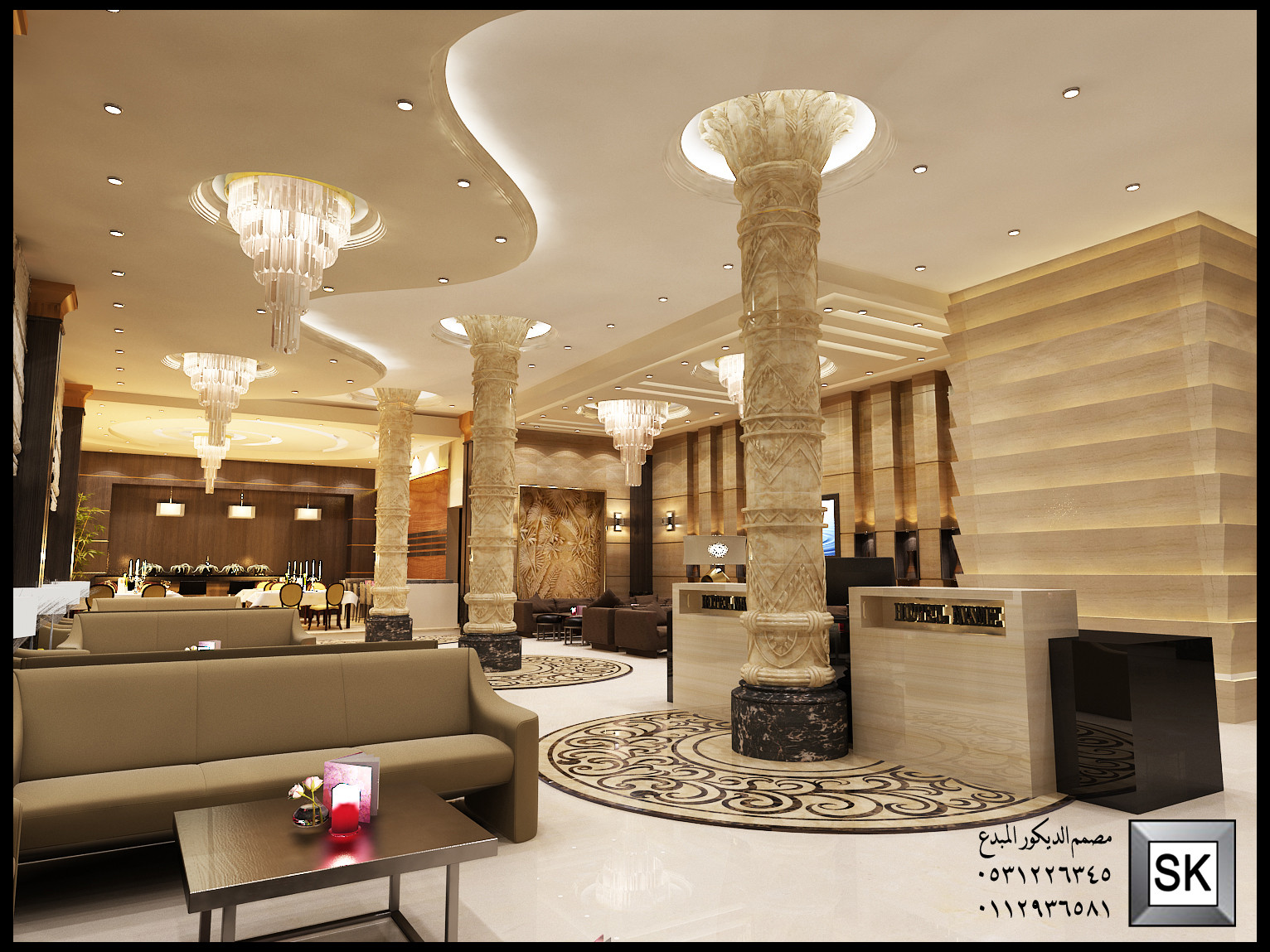 تصميم و تشطيب لوبي إستقبال فندقي فاخر في الرياض