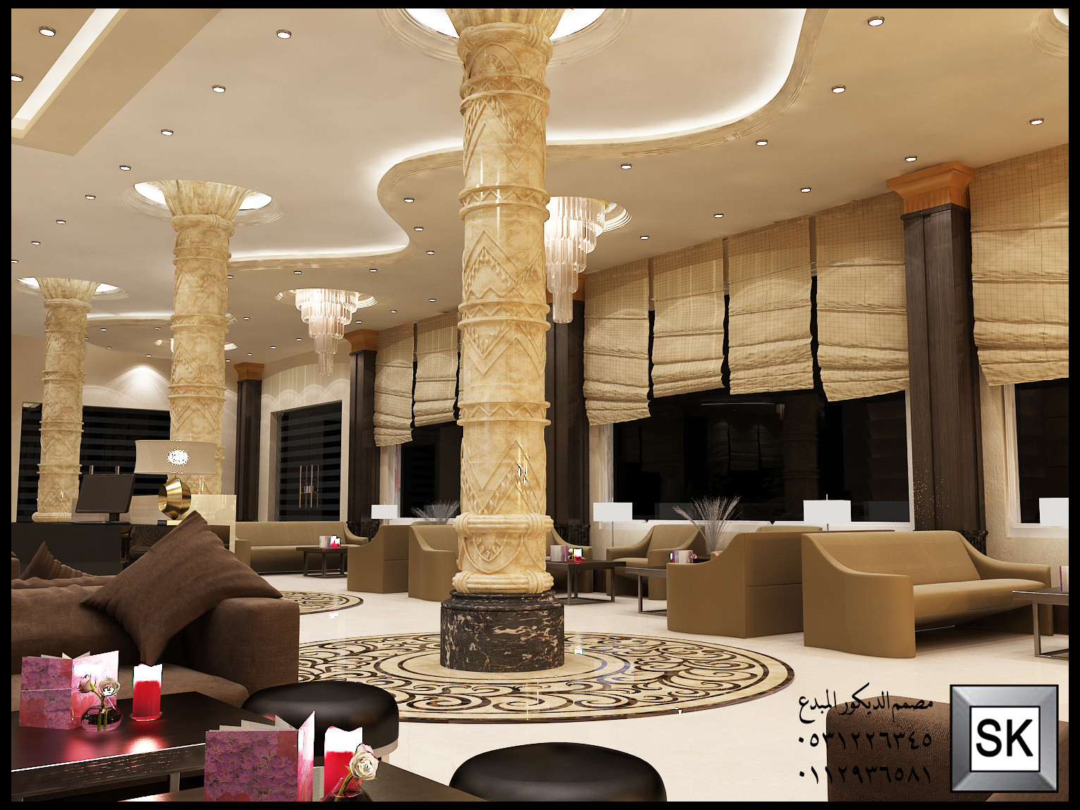 تصميم و تشطيب لوبي إستقبال فندقي فاخر في الرياض