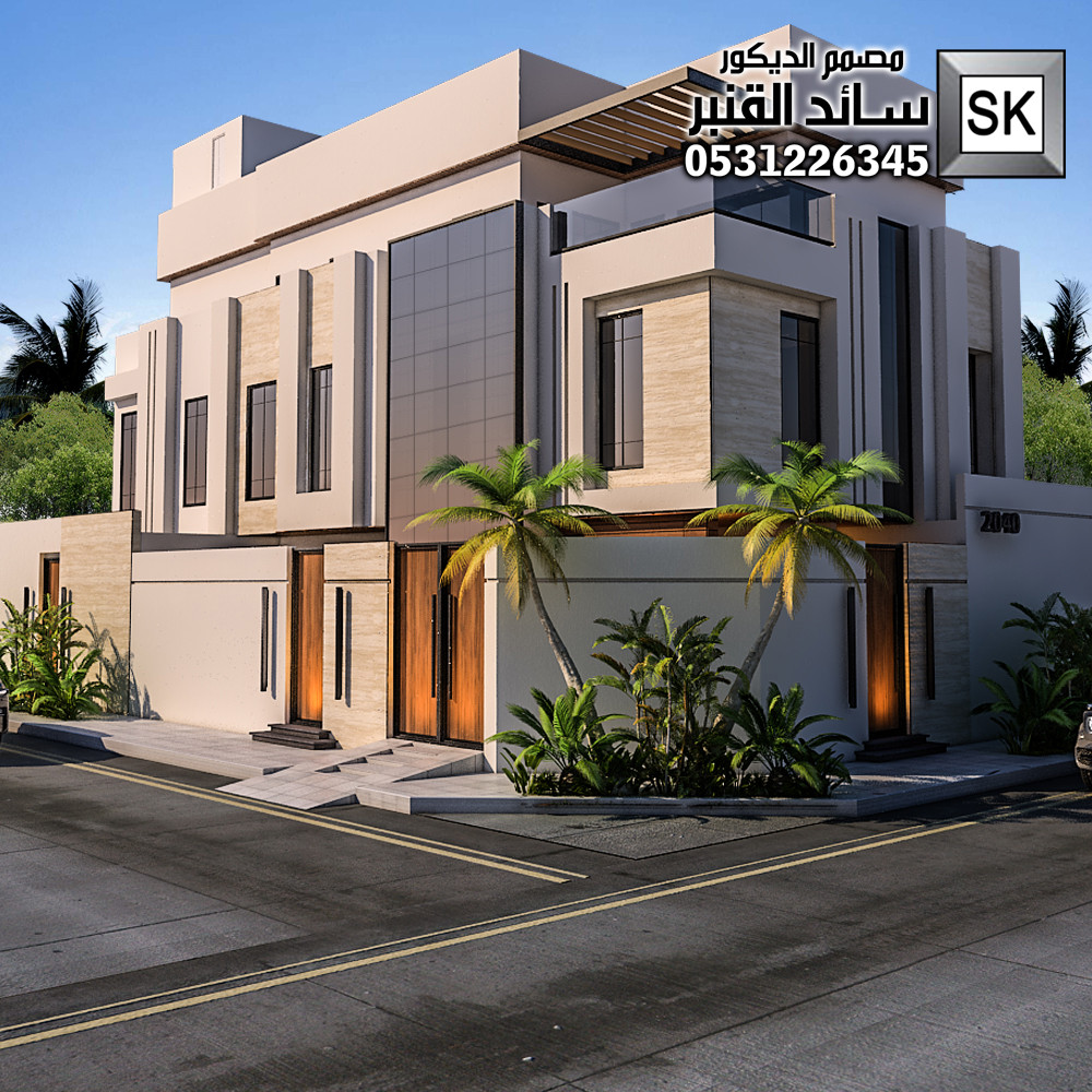 تصميم و تشطيب واجهات فلل 2026 رشة عنوان القهوة و حجر الرياض و رخام ترفنتينو في الرياض