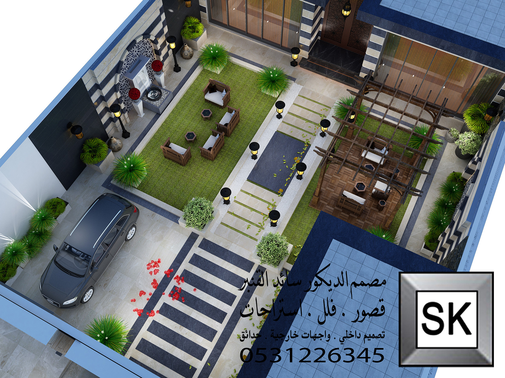 لاندسكيب إستراحة على الطراز الدمشقي في الرياض من أعمال مصمم الاندسكيب سائد القنبر