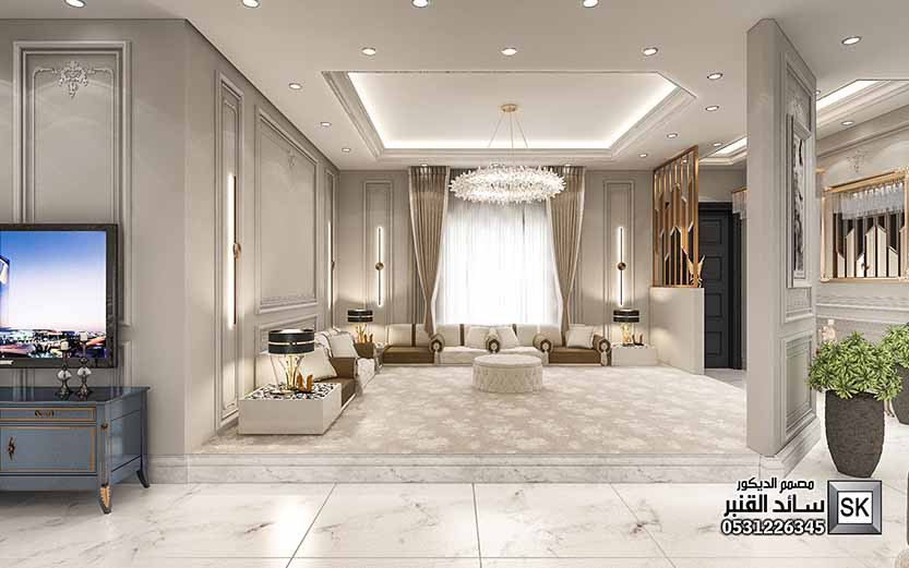 تصميم صالة معيشة فخمة في الرياض من أعمال مصمم الديكور سائد القنبر