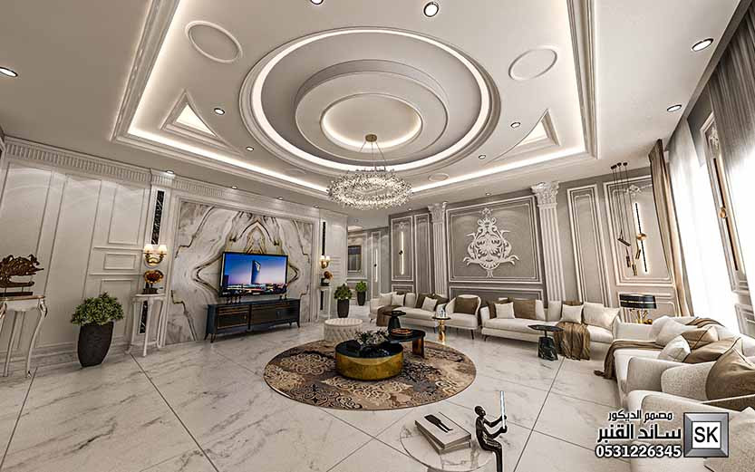 تصميم صالة معيشة فخمة في الرياض من أعمال مصمم الديكور سائد القنبر